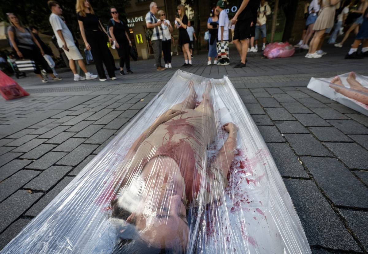 Takto před lidmi leželi aktivisté skoro tři hodiny.