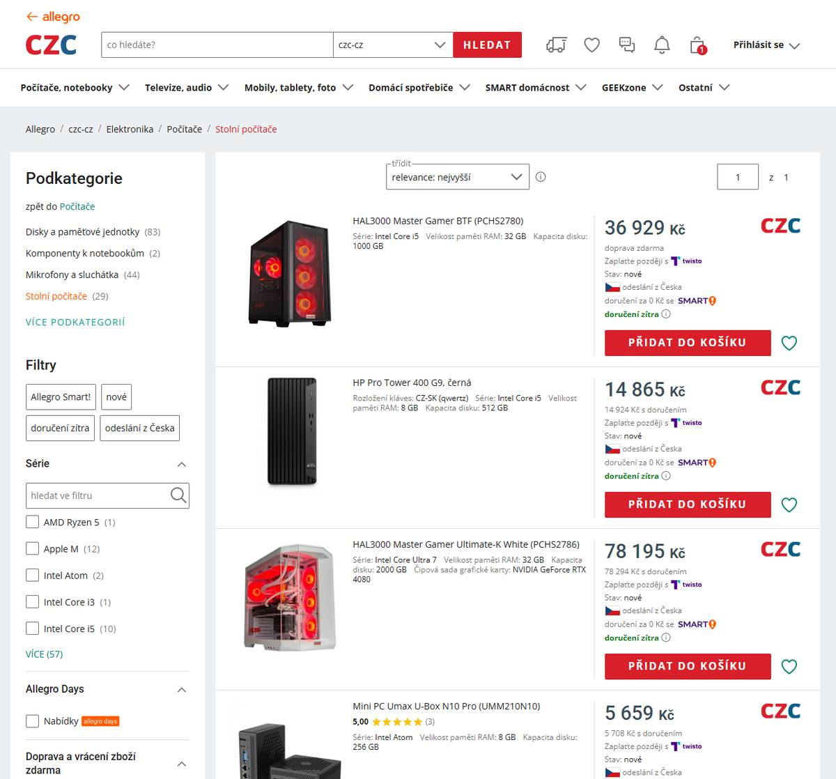 Nabídka počítačových sestav je také žalostná.