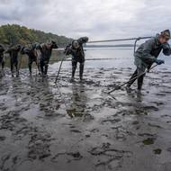 Zatahující rybáři ve vypuštěném rybníku.