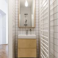 Bílá koupelna je určena pro běžný denní provoz. Vybavena je úsporněji než koupelna druhá, k dispozici je tu pouze umyvadlo a sprchový kout, větrání zajišťuje větráček.