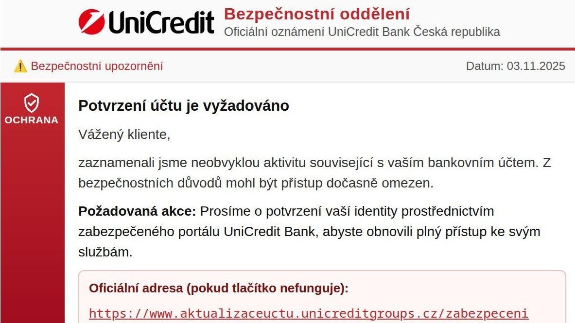 „Zaznamenali jsme neobvyklou aktivitu.“ Nová vlna phishingových zpráv cílí na Čechy