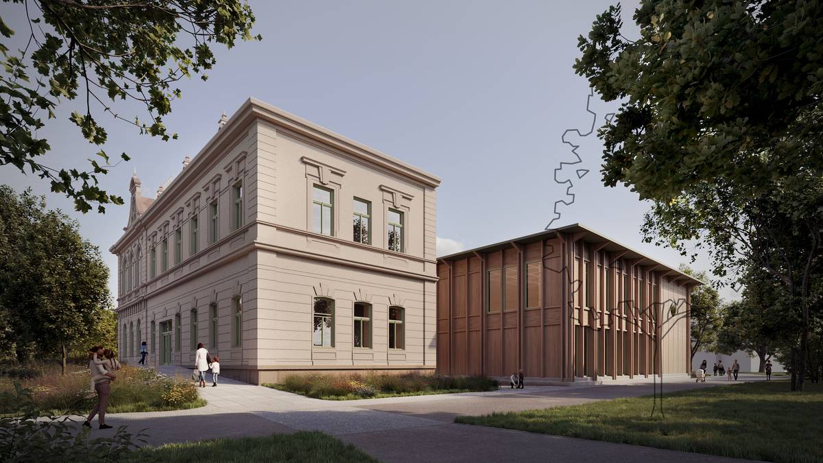 Vítězný návrh brněnských architektů počítá nejen s rekonstrukcí Českého domu (vlevo), ale i dřevěnou přístavbou s tanečními sály (vizualizace).