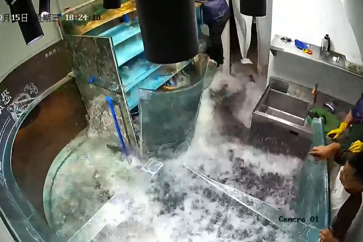 V čínské restauraci prasklo obří akvárium. Incident zachytila kamera