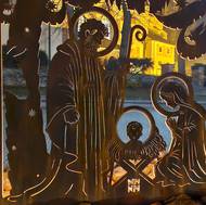 Betlém z cortenového plechu ve stylu dětských vystřihovánek, který pro Nové Město na Moravě navrhl výtvarník Lukáš Tomek alias Tomski.