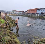Tradiční předvánoční propagační otužování v řece Jihlavě v centru Třebíče.