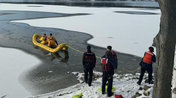 Fenka se propadla ledem do jezera, o záchranu se postarali hasiči