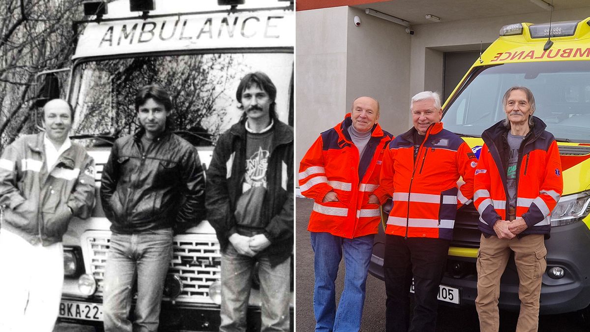 Srovnávací fotky řidičů sanitek z Boskovic po 30 letech sbírají stovky lajků