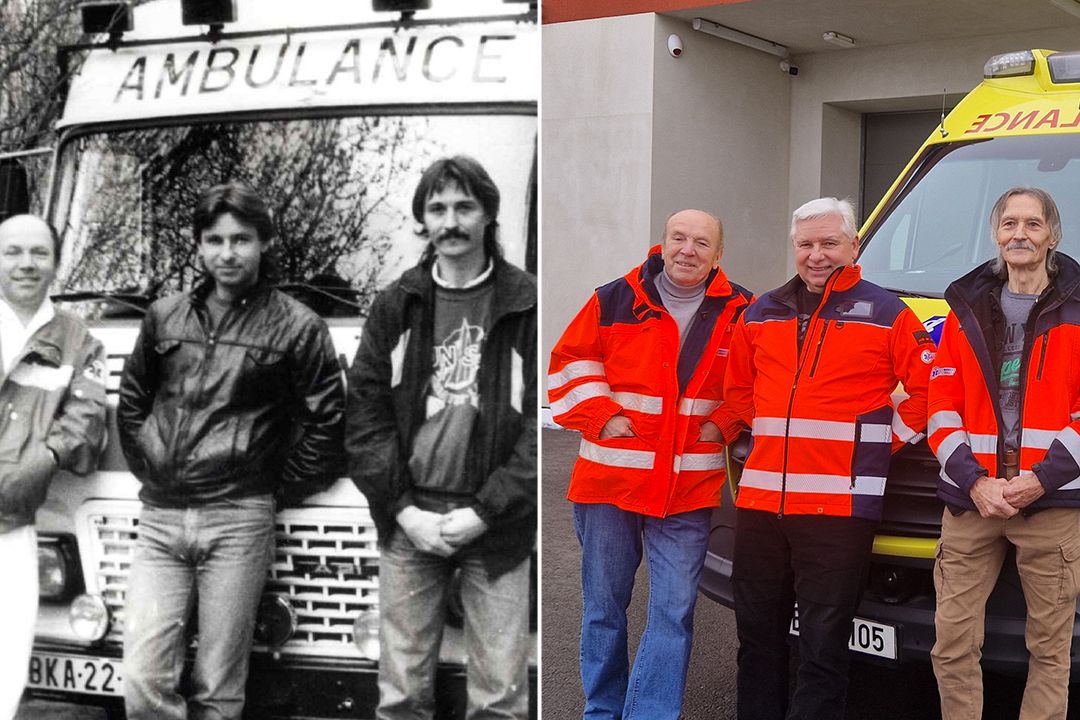 Srovnávací fotky řidičů sanitek z Boskovic po 30 letech sbírají stovky lajků