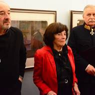 Na vernisáži byli herec Viktor Preiss, manželka výtvarníka Ema Bornová a spisovatel Milan Novák (zleva).