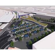 Pohled z výšky na proměněný předprostor ostravského hlavního nádraží (vizualizace)