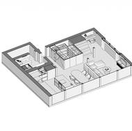 Trojrozměrný nákres uspořádání bytu - spodní podlaží