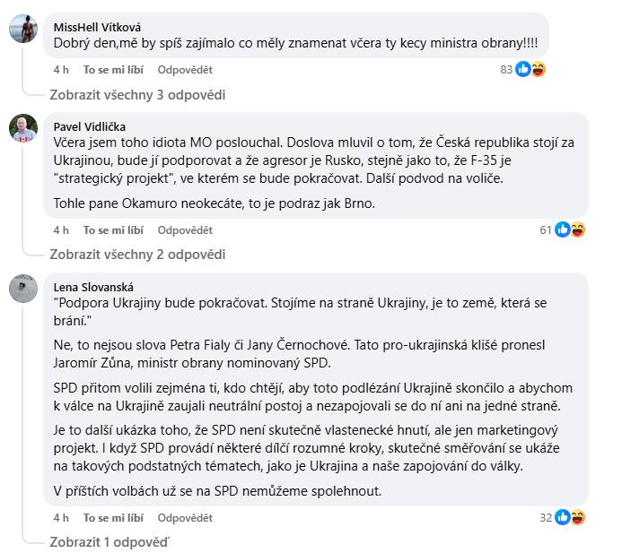 Na facebooku strany SPD a Tomia Okamury vzbudilo vyjádření ministra Zůny poprask. 