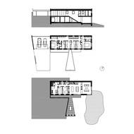 Řez domem a půdorysy podlaží (spodní je dole)