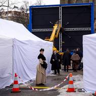 Natáčení filmu na Náměstí Míru a v kostele sv. Ludmily na snímku z 14. ledna 2026.