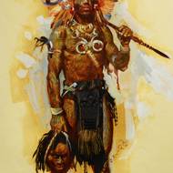 Lovec lebek s oštěpem přes rameno a trofejí v ruce