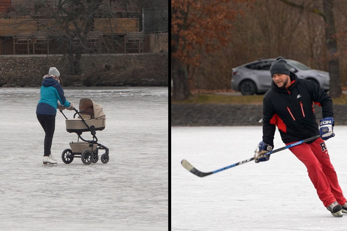 S dětmi i s kočárky. Na pražských rybnících se bruslí, i když led ještě není všude dostatečně silný