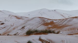 Saharské duny zasypal vzácný sníh