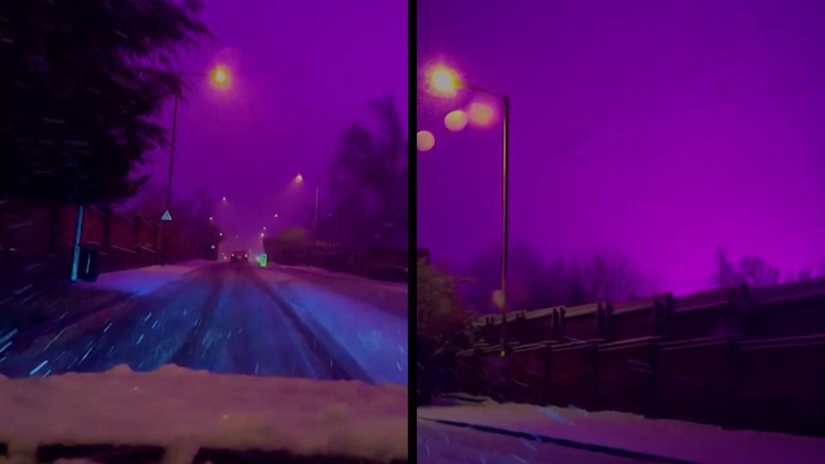 Obloha nad anglickým městem se zbarvila do fialova