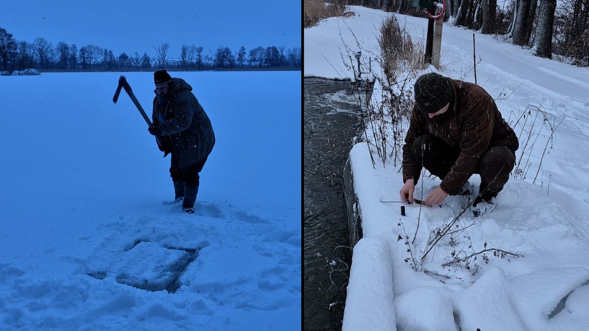 Zamrzlé rybníky v Poodří se mění v papiňáky. Pomyslnou páru upouští rybáři dírami v ledu