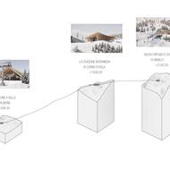 Projekt zahrnuje lanovku se třemi stanicemi a horskou chatou u nejvyšší z nich (vizualizace).