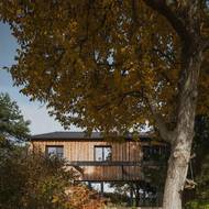 Dům je schován ve vzrostlé zahradě.