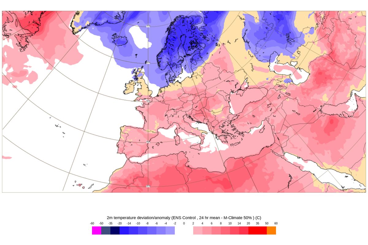 Většina Evropy bude mít nadprůměrné teploty