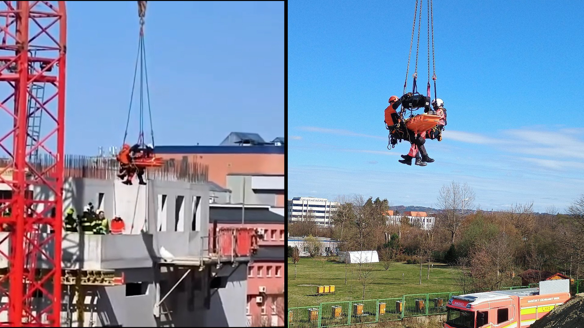 Jihočeští záchranáři transportovali vážně zraněného dělníka ze stavby jeřábem. Zveřejnili video 