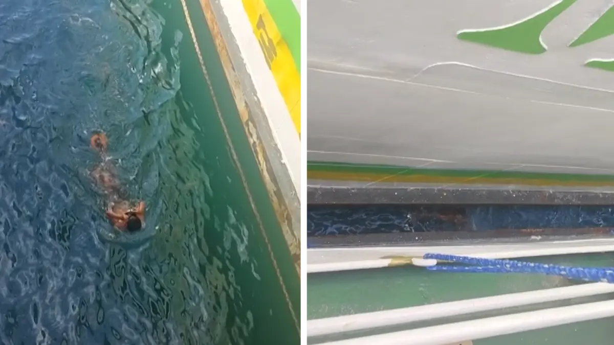 Teenageři na Filipínách skáčou mezi trajekty a těsně unikají momentu, kdy by je plavidla mohla rozdrtit