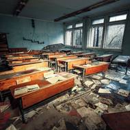 Jedna z opuštěných školních tříd v jedné z mnoha škol ve městě