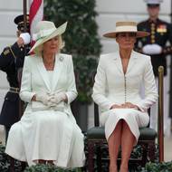 Camilla měla krásný klobouk, vzácnou diamantovou brož Cullinan V a bílé rukavičky.