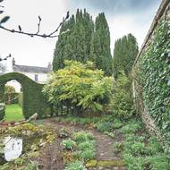 V rybníčku se odráží stříhaný oblouk z tisu. Opodál stojí kolosální veterán, který ostří nůžek nikdy nepoznal.