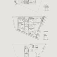 Půdorys všech tří podlaží vily. Na nákresu jsou nad sebou přesně tak, jak to odpovídá jejich uspořádání ve skutečnosti.