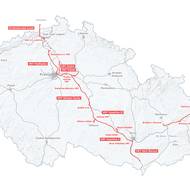 Mapa plánovaných vysokorychlostních tratí přes Českou republiku.