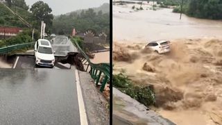 Kolaps mostu v Číně poslal auto do rozbouřené řeky, ukazuje video