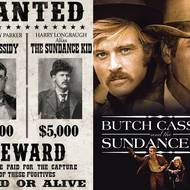 Vlevo skutečné podobizny Butche Cassidyho a Sundace Kida, vpravo jejich filmoví představitelé Robert Redford a Paul Newman