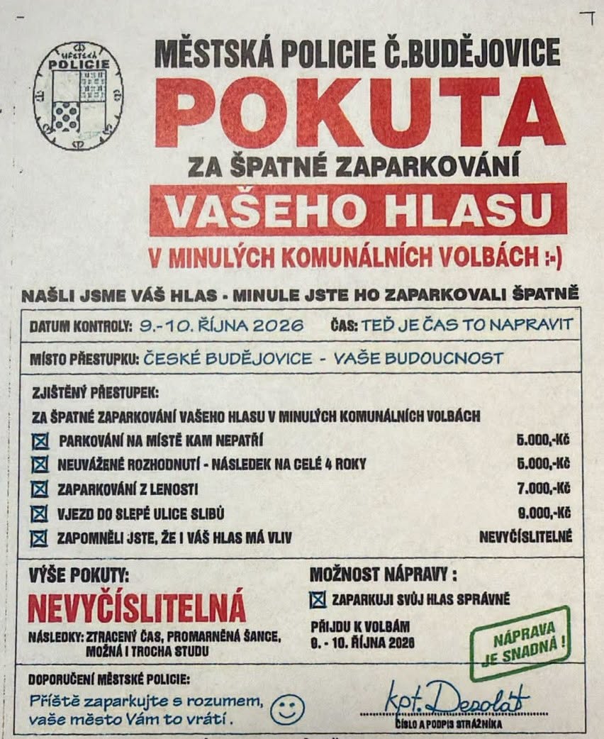 Lístek za stěračem. Kontroverzní kampaň Motoristů, Svobodných a Trikolory v Budějovicích řeší policie